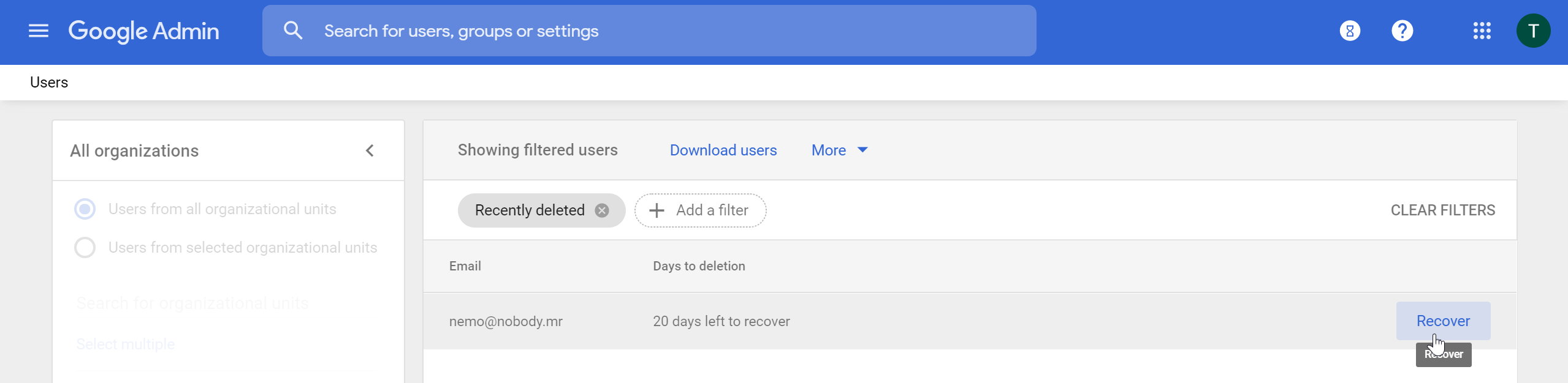 Recover deleted G Suite user