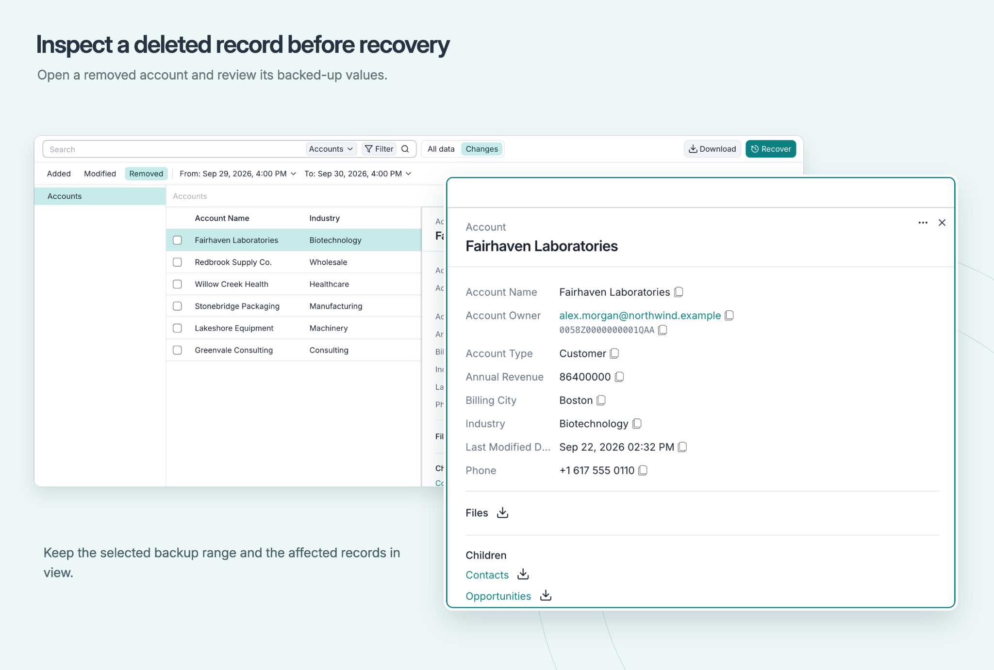 Removed Accounts and a deleted Account preview showing backed-up values, files and child record links.